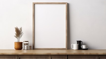 Wall Mural -  a picture frame sitting on top of a wooden shelf next to a cup of coffee.  generative ai