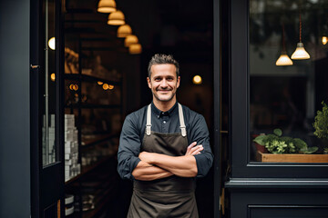 Wall Mural - Portrait of successful small business owner standing proudly and looking at camera.