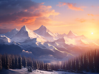 Wall Mural - Bright orange sunrise in the mountains with snow, landscape background 