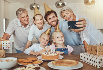 Wall Mural - Selfie of parents, grandparents and children with birthday cake for celebration with smile, love and sweets in home. Photography, big family and men, women and kids together for girl party in house.
