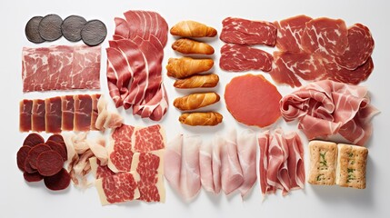 Sticker -  a variety of meats and cheeses laid out on a white surface.  generative ai