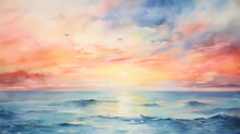 Watercolor Seascape With Sunset With Beautiful Sky And Clouds. Digital Watercolor Painting. Printable Artwork. Generative AI