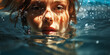 Hübsches Frauen Gesicht schwimmt im Wasser mit schöner Spiegelung im Querformat, ai generativ 