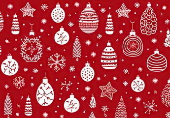 Wall Mural - winter white christmas ornaments on red seamless pattern Generative AI
