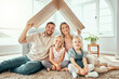 © Clement Coetzee/peopleimages.com - Happy family, portrait and cardboard roof for real estate, moving in or property investment at new home. Mother, father and kids smile for shelter, apartment or relocation together on house mortgage