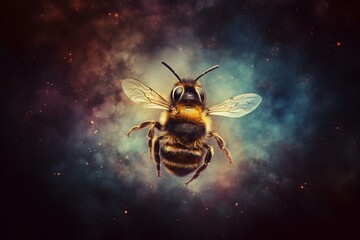 Wall Mural - Abstract concept of a bee on a nebula dust background in an infinite space. Mixed media. Generative AI