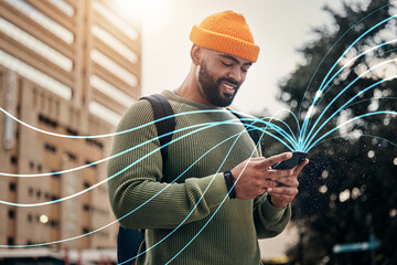 Poster - Man, phone and hologram for city communication, networking and connection or student travel with internet speed. Person typing on mobile app, digital chat and job search or career application overlay