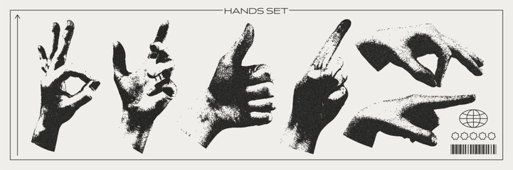 Hands set with a retro photocopy effect. Trendy y2k elements for design. Grain effect and stippling. Vector dots texture.