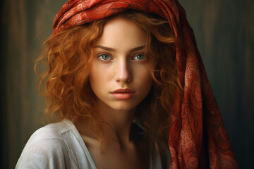 Wall Mural - Beautiful young redhead woman with headscarf vintage style AI generated photo
