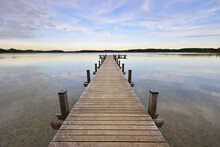 Wooden Jetty At Sunset, Lake Woerthsee, Fuenfseenland, Upper Bavaria, Bavaria, Germany