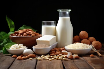 Poster - A wooden table with bowls of nuts and milk. Perfect for food and nutrition-related projects.