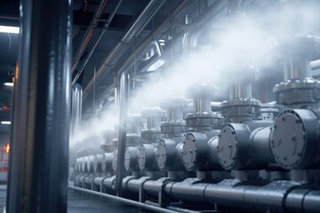 Poster - A picture of a bunch of pipes with steam coming out of them. This image can be used to depict industrial processes and the concept of energy production.
