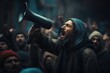 A powerful image of a man holding a megaphone and speaking in front of a large crowd. Perfect for illustrating leadership, public speaking, activism, protests, or motivational concepts.