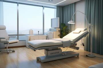 Poster - A hospital room with a large window and a chair. This image can be used to depict a calm and peaceful environment in a medical setting.