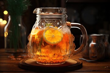 Poster - A refreshing pitcher of water with a slice of lemon, perfect for quenching your thirst on a hot summer day. This image can be used to promote healthy lifestyle, hydration, and natural ingredients in b