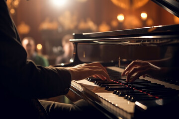 Closeup view on male hands play on piano