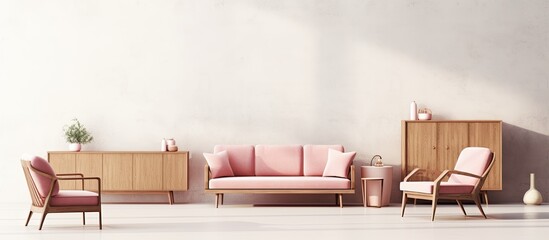 Sticker - Contemporary minimalist furniture in a white studio setting combining various wooden and concrete textures with wire frame and high quality pink pieces