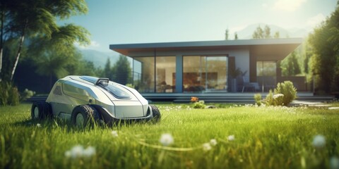 Poster - Robot, Lawn Mower, Green, Meadow, Modern, Single-Family Home, Summer, Technology, Automation, Convenience, Smart, Efficient, Cutting Grass, Outdoor, Maintenance, Innovation, Landscape, Robotic, Precis