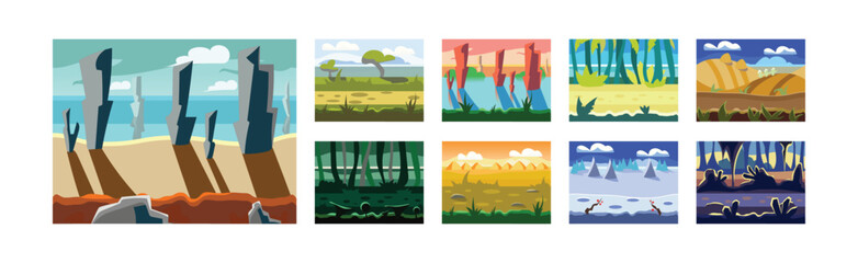 Poster - Flat Landscapes View and Picture as Game Background Vector Set