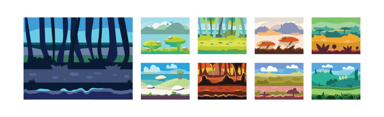 Poster - Flat Landscapes View and Picture as Game Background Vector Set
