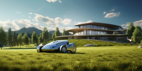 Poster - Robot, Lawn Mower, Green, Meadow, Modern, Single-Family Home, Summer, Technology, Automation, Convenience, Smart, Efficient, Cutting Grass, Outdoor, Maintenance, Innovation, Landscape, Robotic, Precis