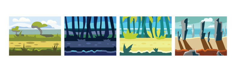 Poster - Flat Landscapes View and Picture as Game Background Vector Set
