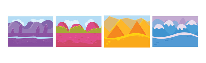 Poster - Bright Flat Landscapes View as Game Background Vector Set