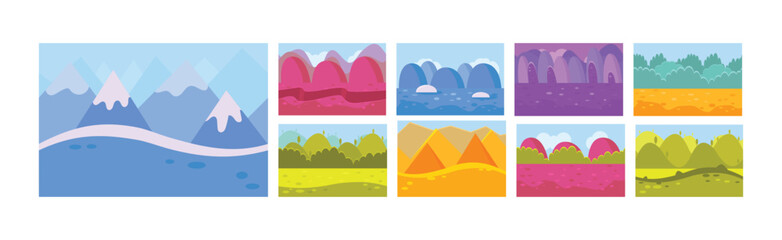 Poster - Bright Flat Landscapes View as Game Background Vector Set