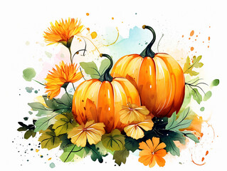 Wall Mural - Watercolor falling illustration of pumpkins and flowers  on white background