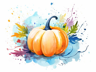 Wall Mural - Watercolor autumn illustration of pumpkin on white background