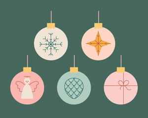 Wall Mural - Merry Christmas, New Year posters set with simple winter abstract round ball for tree