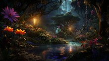 A Hidden, Enchanted Garden Filled With Exotic And Colorful Plants, Softly Lit By The Glow Of Fireflies