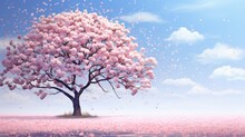 A Japanese Cherry Blossom Tree In Full Bloom, Its Delicate Pink Petals Drifting Gently To The Ground In A Springtime Breeze