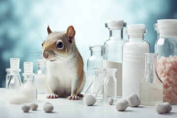 Sticker - A squirrel is captured sitting in front of a collection of bottles. This image can be used to depict curiosity, collection, or the natural environment.