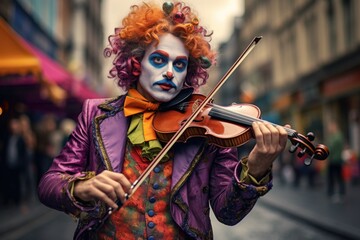 Poster - A clown is seen playing a violin on a bustling city street. This image can be used to add a touch of whimsy and entertainment to various projects.