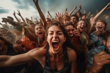 Poster - A picture of a group of people with their hands raised in the air. This image can be used to depict unity, celebration, excitement, or support. It is suitable for various projects and designs.