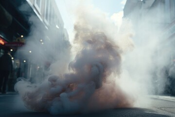 Poster - A cloud of smoke is captured in the middle of a street. This image can be used to depict environmental pollution, a fire incident, or a mysterious atmosphere in a cityscape.