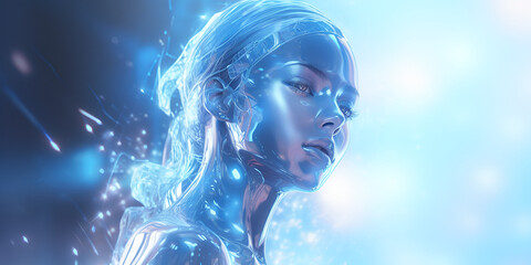 close up portrait of a beautiful futuristic half robot woman, mystic blue skin and eyes