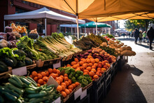 Fresh Fruit And Vegetables On The Counter Of A Farmers Market In The City
