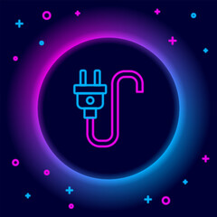 Poster - Glowing neon line Electric plug icon isolated on black background. Concept of connection and disconnection of the electricity. Colorful outline concept. Vector