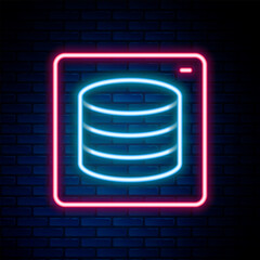 Poster - Glowing neon line Server, Data, Web Hosting icon isolated on brick wall background. Colorful outline concept. Vector