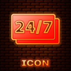 Poster - Glowing neon Clock 24 hours icon isolated on brick wall background. All day cyclic icon. 24 hours service symbol. Vector