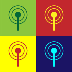 Poster - Pop art Antenna icon isolated on color background. Radio antenna wireless. Technology and network signal radio antenna. Vector