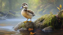 A Little Duck Is Sitting On A Tree Branch. Close Up.