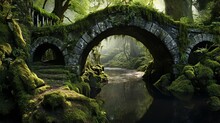 A Serene, Moss-covered Stone Bridge Crossing A Tranquil River, A Relic From A Bygone Era Of Craftsmanship