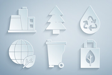 Wall Mural - Set Trash can, Recycle clean aqua, Earth globe and leaf, Shopping bag with recycle, Christmas tree and Factory icon. Vector