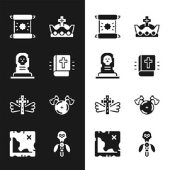 Sticker - Set Holy bible book, Grave with tombstone, Decree, parchment, scroll, King crown, Christian cross, Medieval shield axe, Magic staff and Pirate treasure map icon. Vector