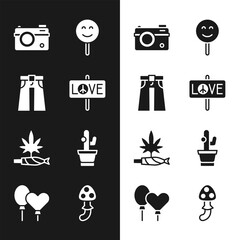 Canvas Print - Set Peace, Jeans wide, Photo camera, Smile face, Marijuana joint, spliff, Cactus, Psilocybin mushroom and Balloons icon. Vector