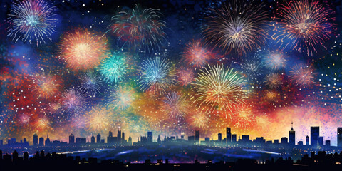 Wall Mural - Colorful fireworks on dark sky background for celebration happy new year and merry christmas. Colorful fireworks of various colors over night sky. New Year celebration background