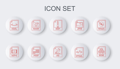 Poster - Set line 3DS file document, MP4, ZIP, HTML, XML, RAW, PDF and AI icon. Vector